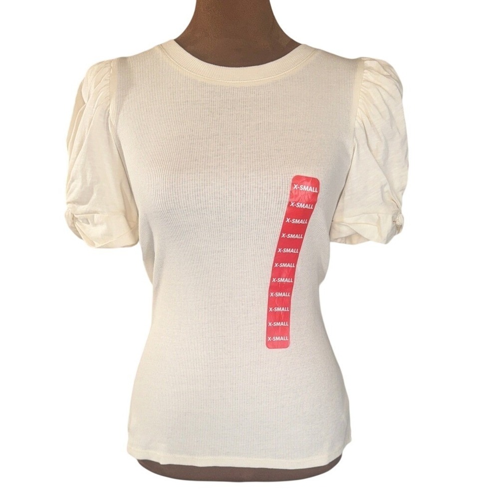 Vince Camuto Top XS Puff Sleeve Ribbed Bone White NWT Stretch Knit Cream Blouse‎
